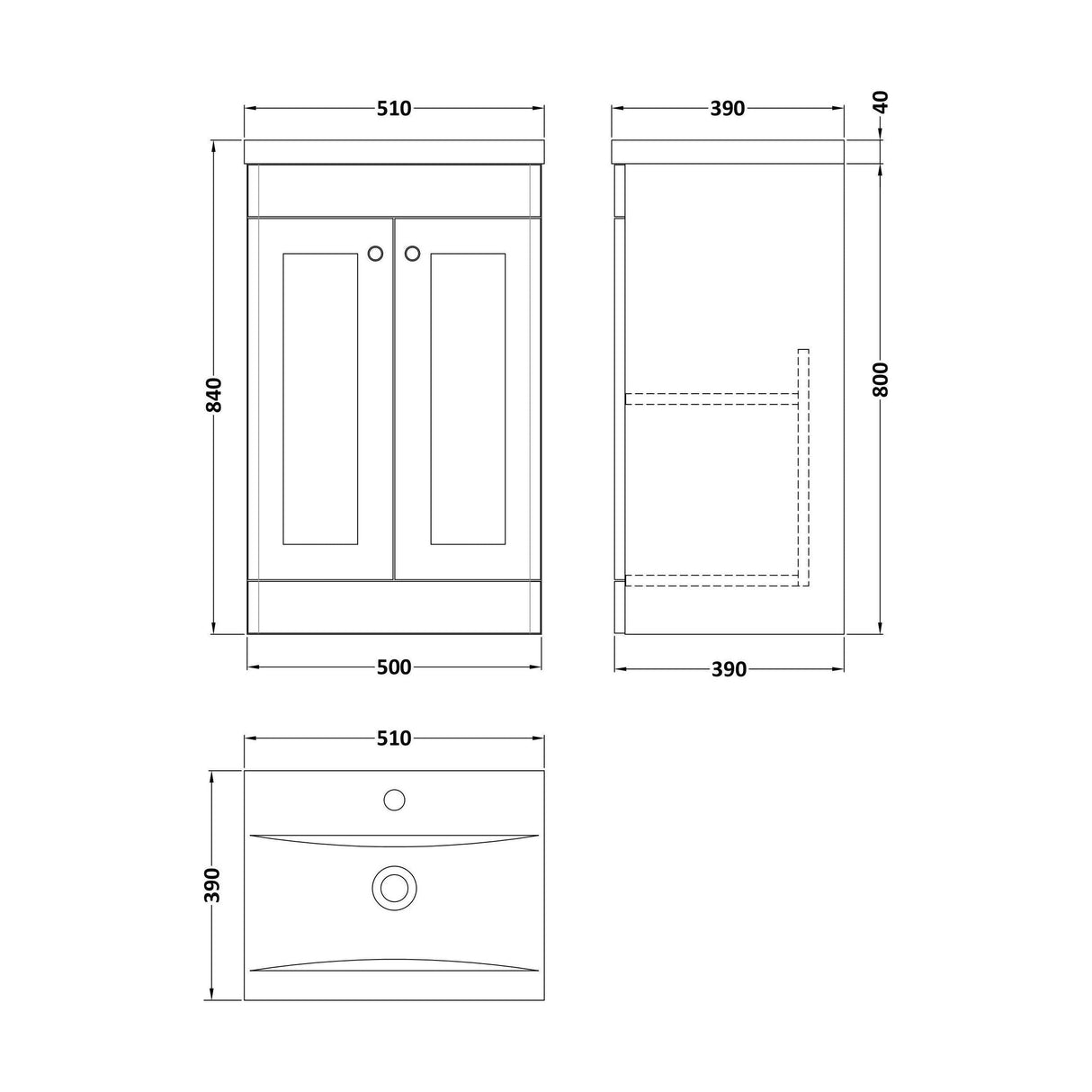 [BFCL823D] Swynnerton Traditional 2 Door Floor Standing Vanity Unit with Mid-Edge Basin - Choice of Colour - Technical Drawing