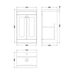 [BFCL823D] Swynnerton Traditional 2 Door Floor Standing Vanity Unit with Mid-Edge Basin - Choice of Colour - Technical Drawing