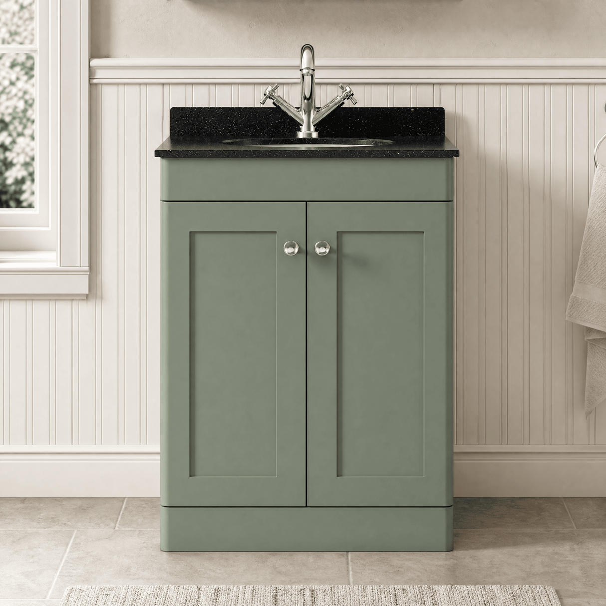 [BFCL825BR1] Swynnerton Traditional 2 Door Floor Standing Vanity Unit with Black Marble Worktop and 1 Tap Hole Basin, Choice of Size and Colour