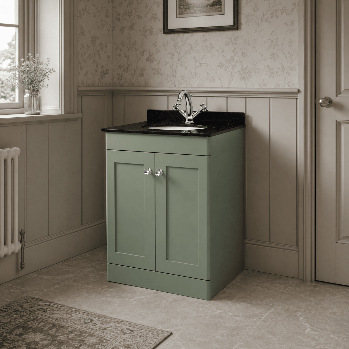 [BFCL825BR1] Swynnerton Traditional 2 Door Floor Standing Vanity Unit with Black Marble Worktop and 1 Tap Hole Basin, Choice of Size and Colour