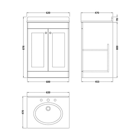 [BFCL825BR3] Swynnerton Traditional 2 Door Floor Standing Vanity Unit with Marble Basin, Satin Green, 600mm - Technical Drawing