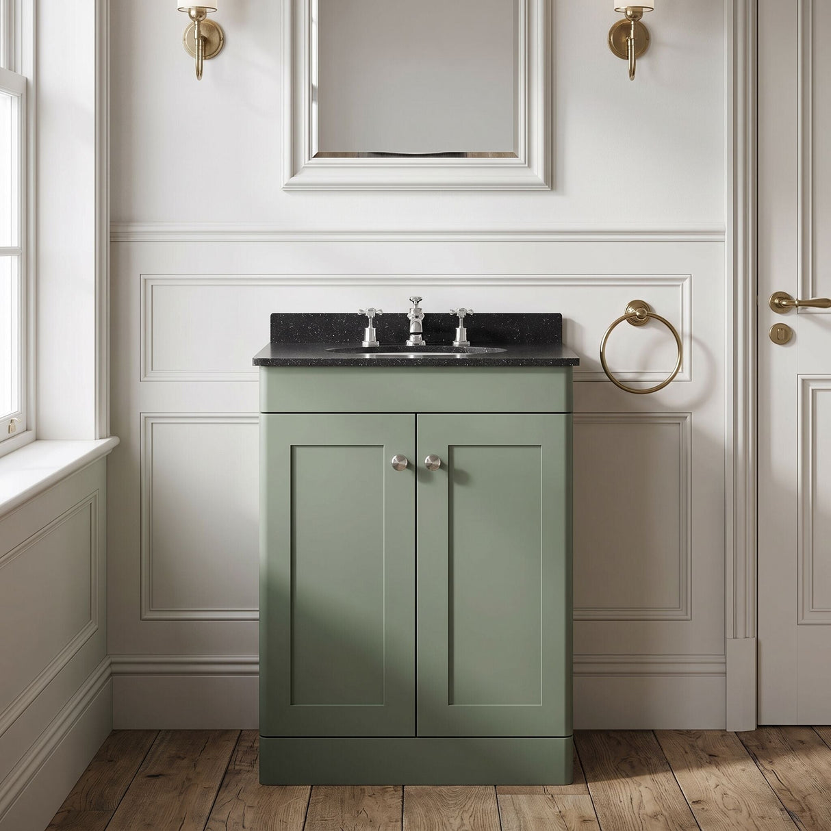 [BFCL825BR3] Swynnerton Traditional 2 Door Floor Standing Vanity Unit with Black Marble Worktop and 3 Tap Hole Basin, Choice of Size and Colour