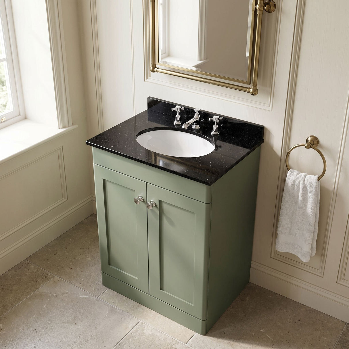 [BFCL825BR3] Swynnerton Traditional 2 Door Floor Standing Vanity Unit with Black Marble Worktop and 3 Tap Hole Basin, Choice of Size and Colour