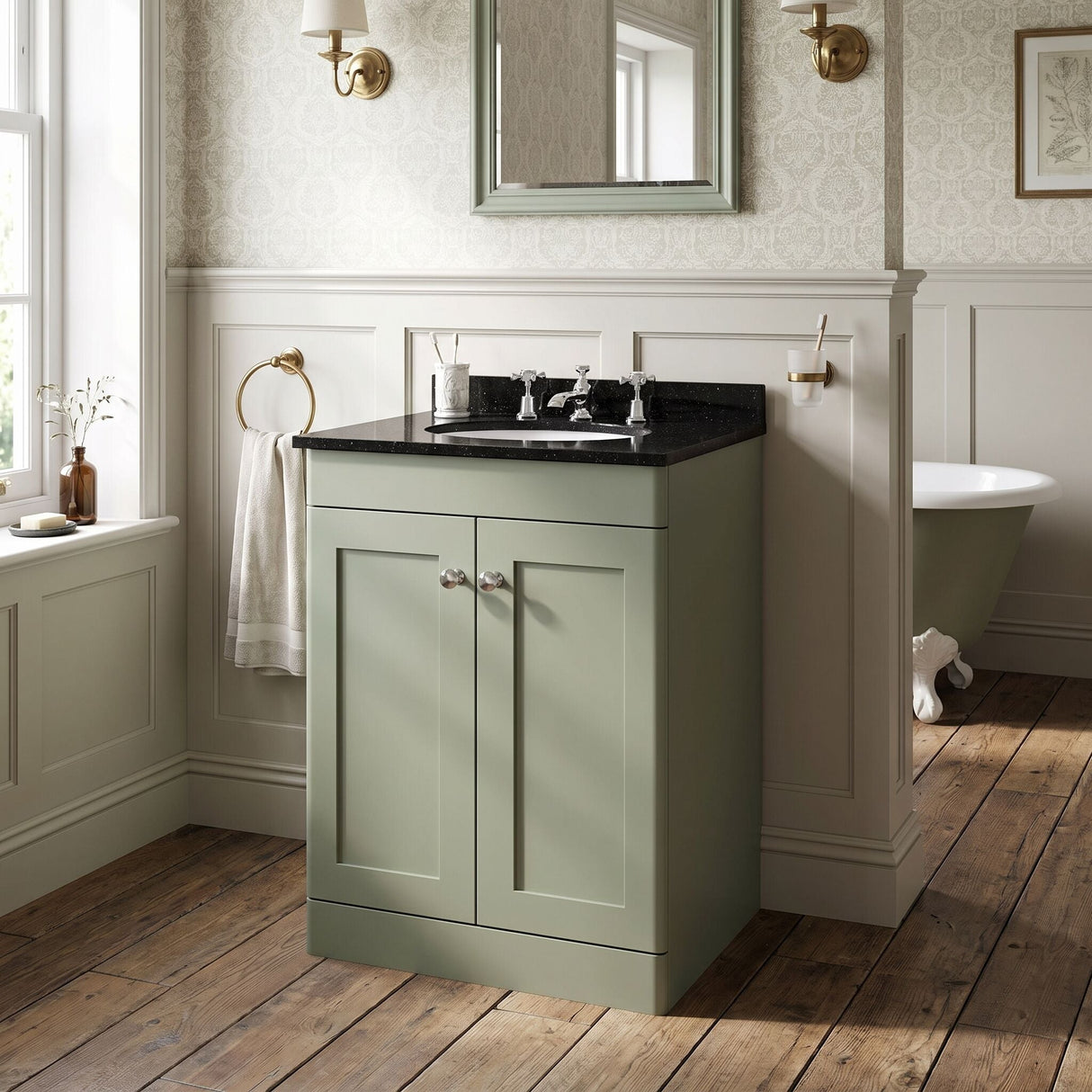 [BFCL825BR3] Swynnerton Traditional 2 Door Floor Standing Vanity Unit with Black Marble Worktop and 3 Tap Hole Basin, Choice of Size and Colour