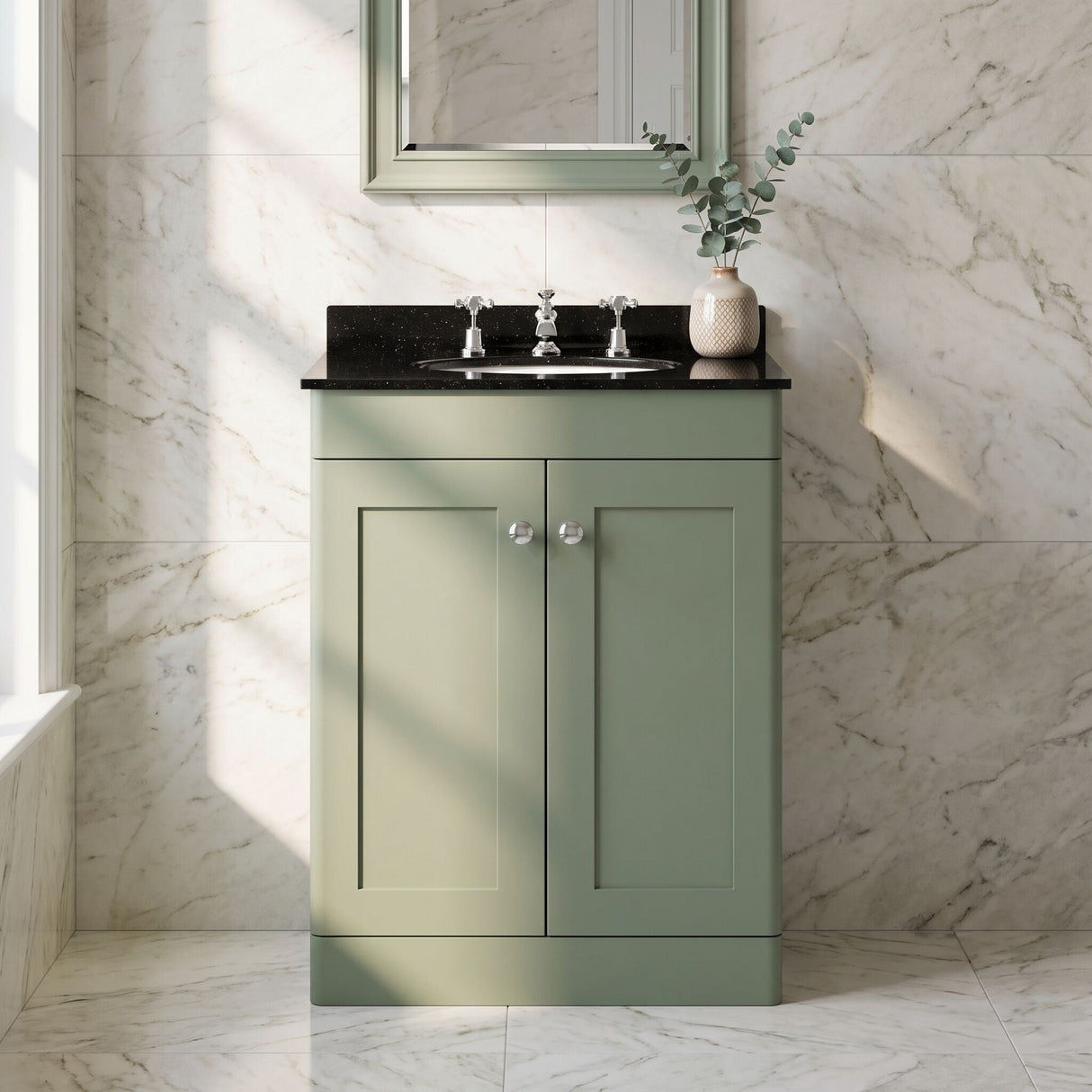 [BFCL825BR3] Swynnerton Traditional 2 Door Floor Standing Vanity Unit with Black Marble Worktop and 3 Tap Hole Basin, Choice of Size and Colour - Silo