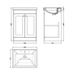 [BFCL825B] Swynnerton Traditional 2 Door Floor Standing Vanity Basin Unit with 3 Tap Hole Traditional Fireclay Basin, Choice of Size and Colour - Technical Drawing