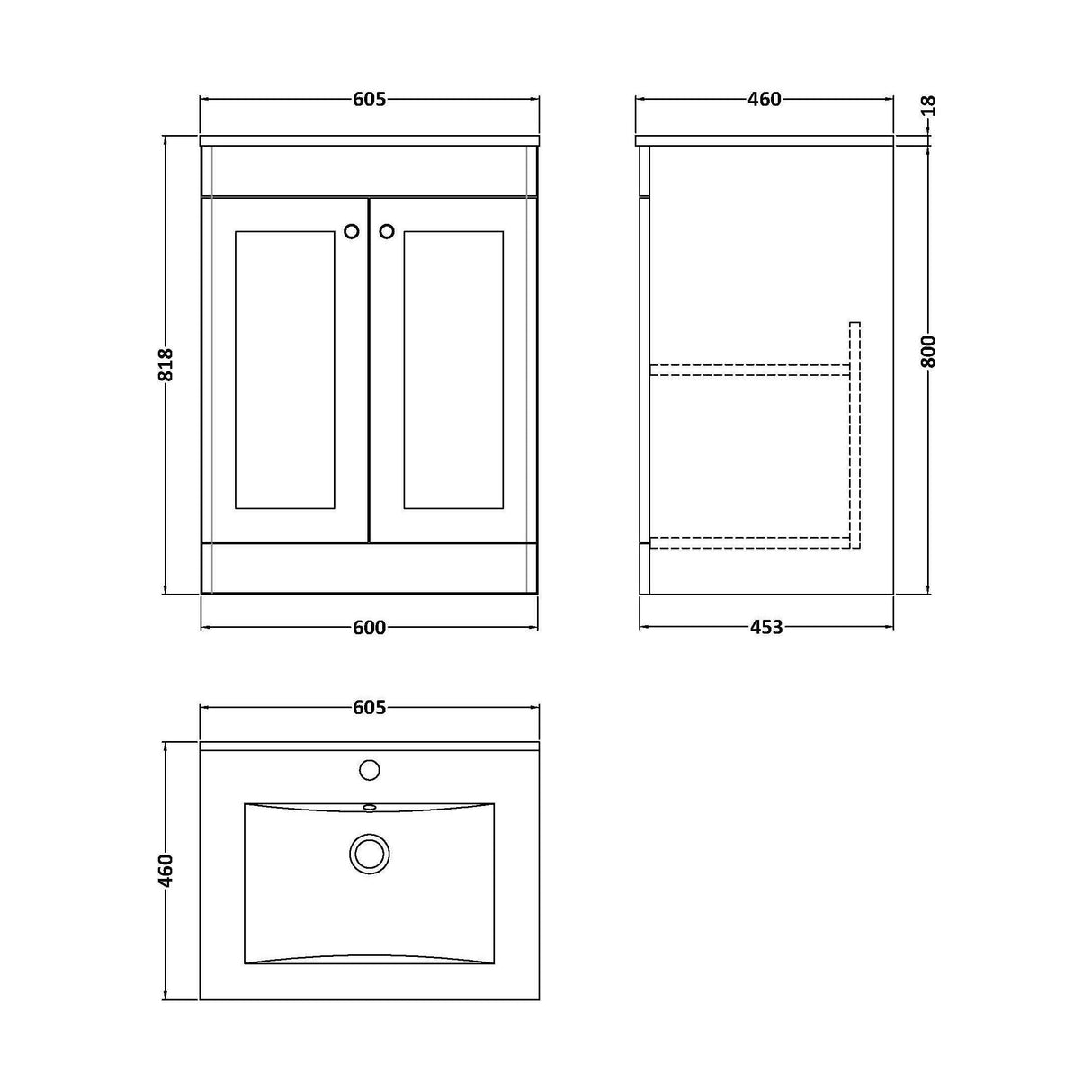 [BFCL825C] Swynnerton Traditional 2 Door Floor Standing Vanity Basin Unit with 1 Tap Hole Minimalist Ceramic Basin, Choice of Size and Colour - Technical Drawing