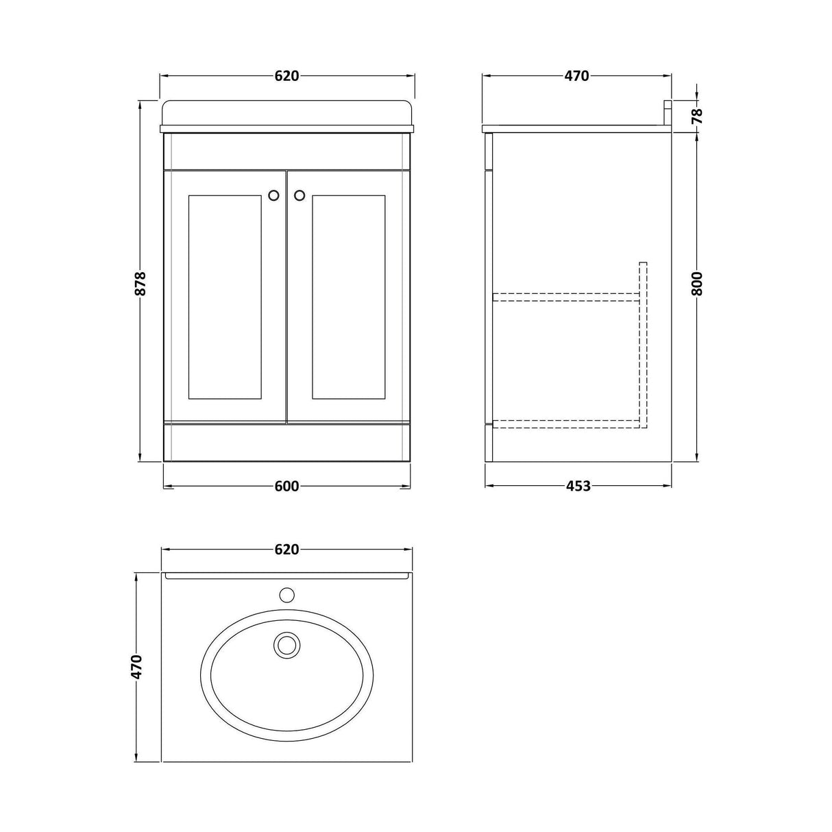 [BFCL825GR1] Swynnerton Traditional 2 Door Floor Standing Vanity Unit with Grey Marble Worktop and 1 Tap Hole Basin, Choice of Size and Colour - Technical Drawing