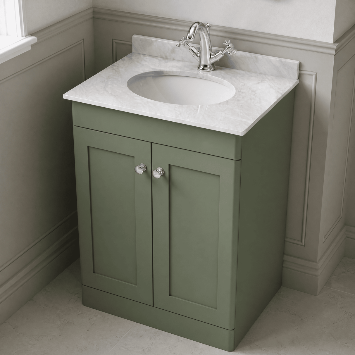 [BFCL825GR1] Swynnerton Traditional 2 Door Floor Standing Vanity Unit with Grey Marble Worktop and 1 Tap Hole Basin, Choice of Size and Colour