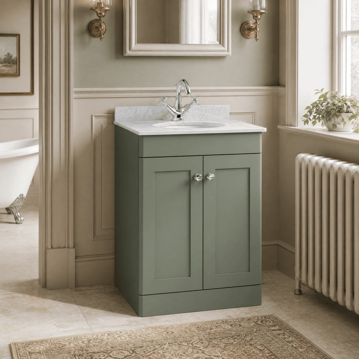 [BFCL825GR1] Swynnerton Traditional 2 Door Floor Standing Vanity Unit with Grey Marble Worktop and 1 Tap Hole Basin, Choice of Size and Colour