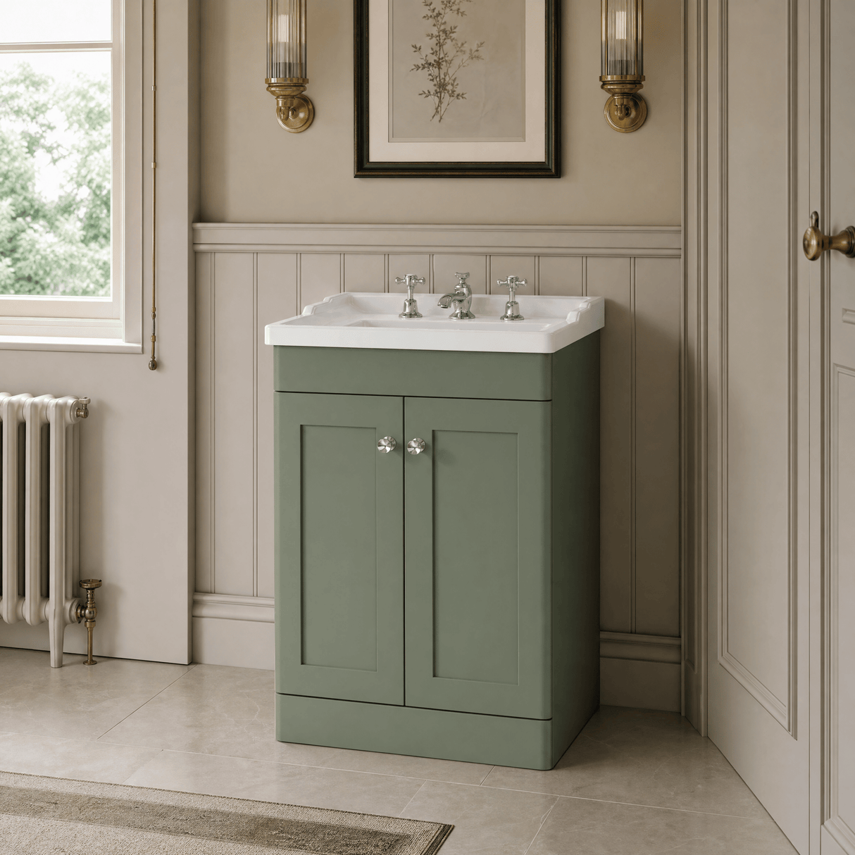 [BFCL825G] Swynnerton Traditional 2 Door Floor Standing Vanity Basin Unit with 3 Tap Hole Traditional Ceramic Basin, Choice of Size and Colour