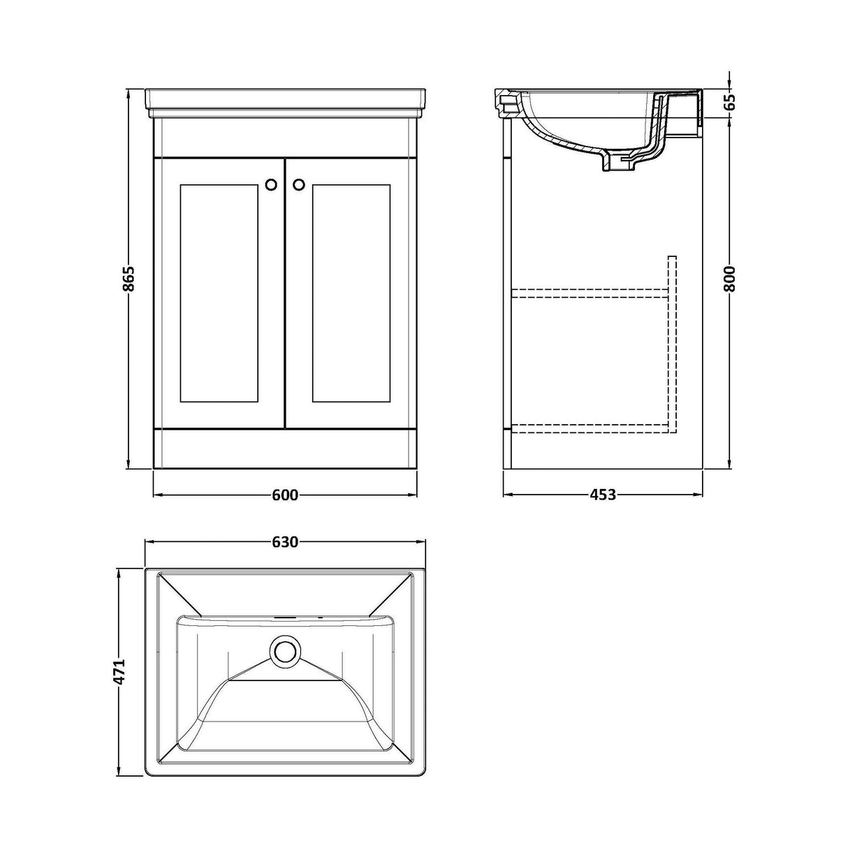 [BFCL825H] Swynnerton Traditional 2 Door Floor Standing Vanity Unit with 0 Tap Hole Traditional Fireclay Basin, Choice of Size and Colour - Technical Drawing