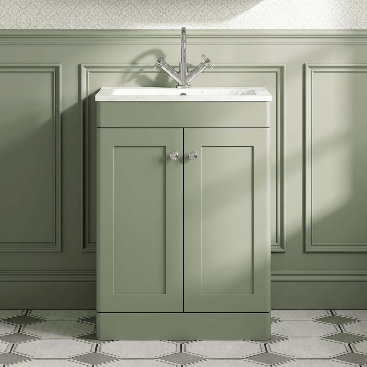 [BFCL825Q] Swynnerton Traditional 2 Door Floor Standing Vanity Basin Unit with 1 Tap Hole Marble Effect Stone Basin, Choice of Size and Colour