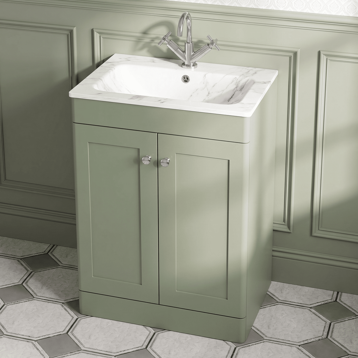[BFCL825Q] Swynnerton Traditional 2 Door Floor Standing Vanity Basin Unit with 1 Tap Hole Marble Effect Stone Basin, Choice of Size and Colour