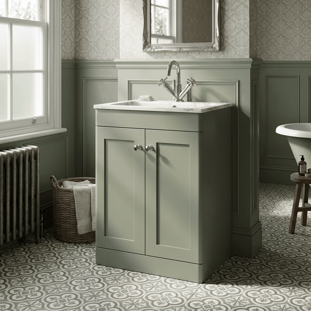 [BFCL825Q] Swynnerton Traditional 2 Door Floor Standing Vanity Basin Unit with 1 Tap Hole Marble Effect Stone Basin, Choice of Size and Colour