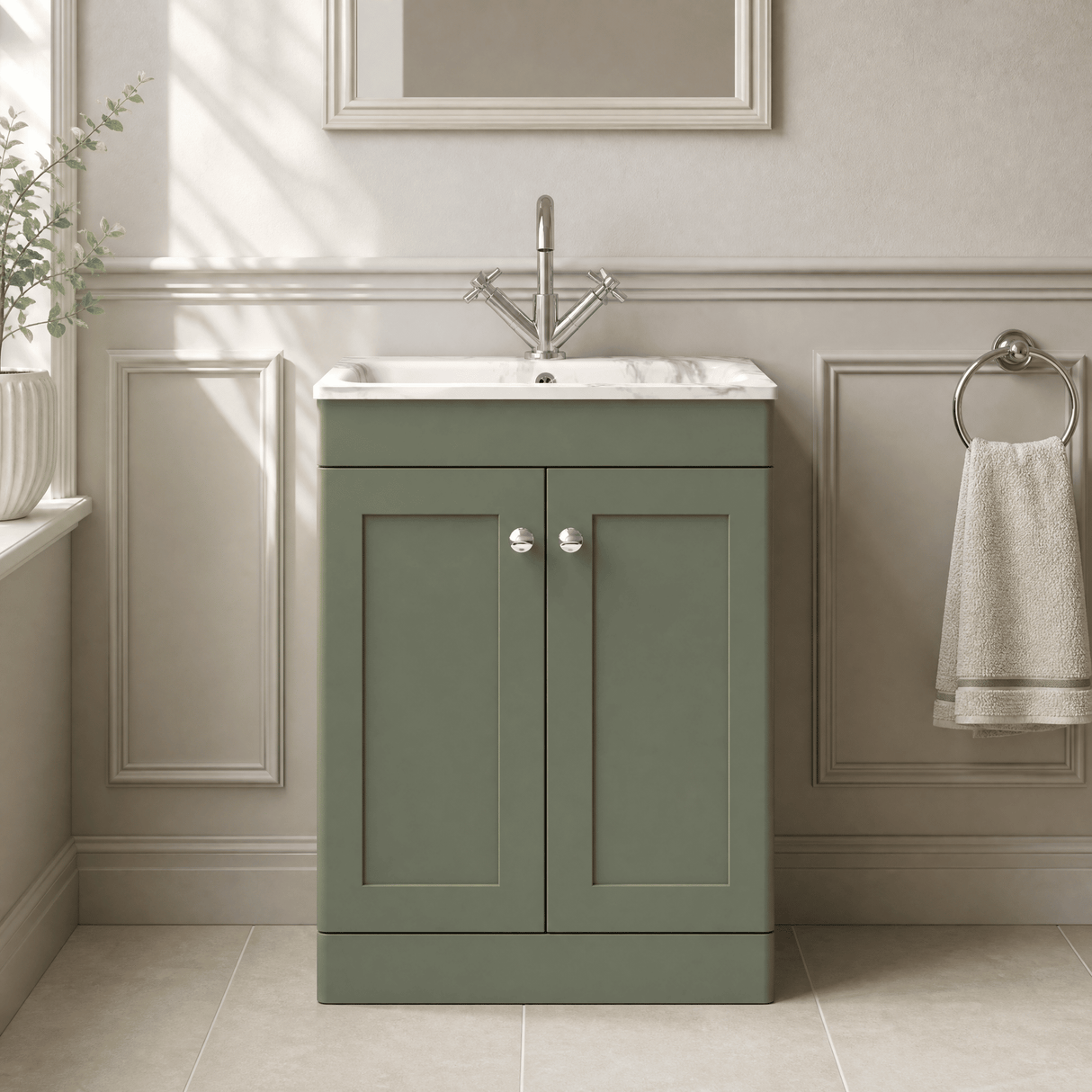 [BFCL825Q] Swynnerton Traditional 2 Door Floor Standing Vanity Basin Unit with 1 Tap Hole Marble Effect Stone Basin, Choice of Size and Colour - Silo