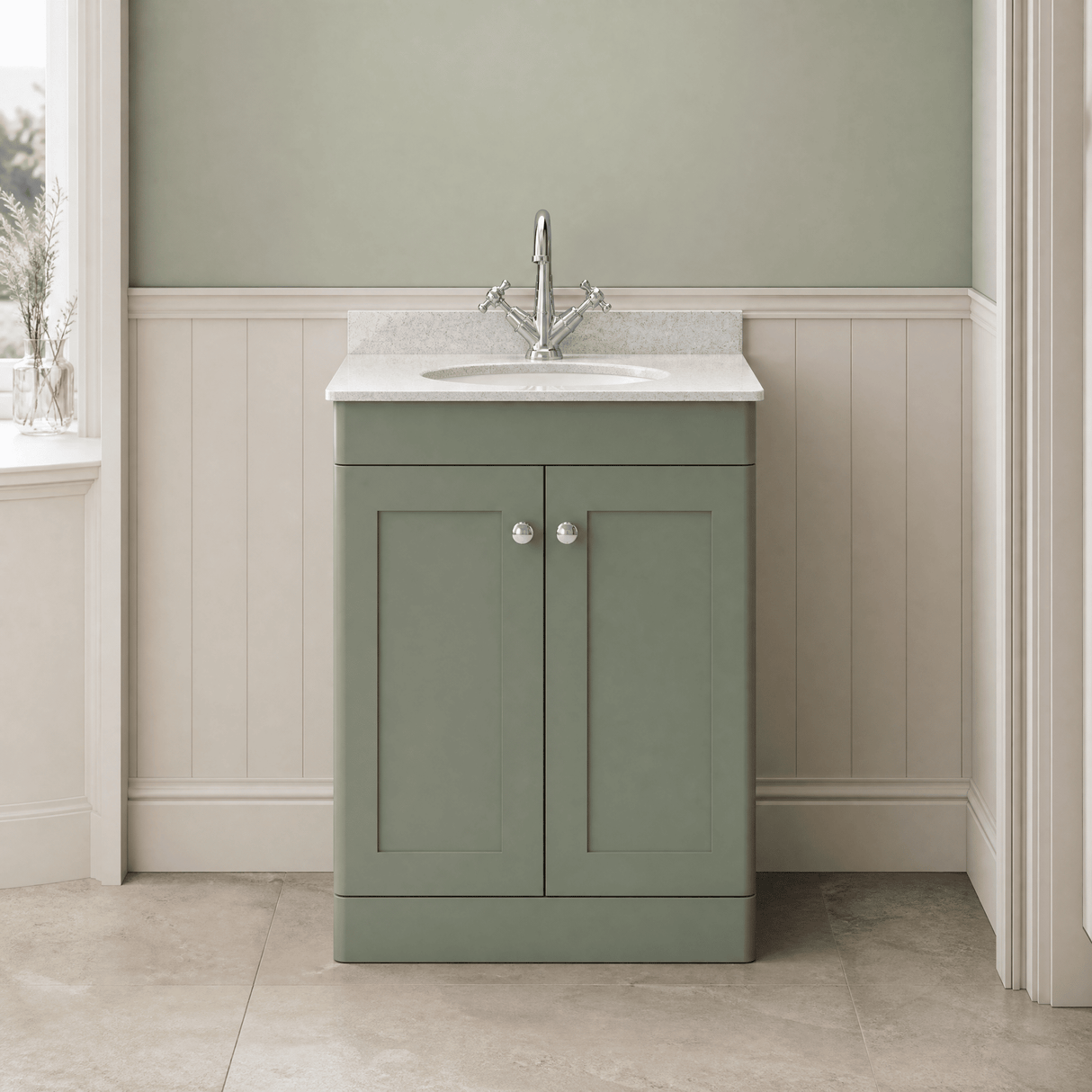 [BFCL825WR1] Swynnerton Traditional 2 Door Floor Standing Vanity Basin Unit with 1 Tap Hole White Marble Worktop and Basin, Choice of Size and Colour