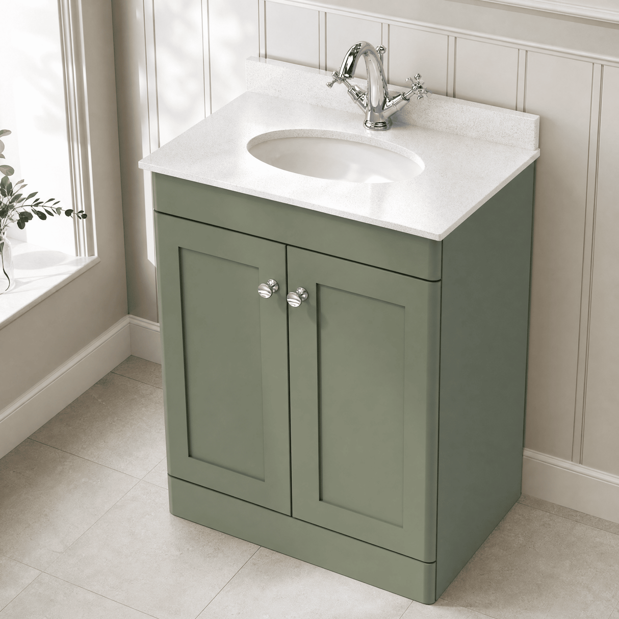 [BFCL825WR1] Swynnerton Traditional 2 Door Floor Standing Vanity Basin Unit with 1 Tap Hole White Marble Worktop and Basin, Choice of Size and Colour