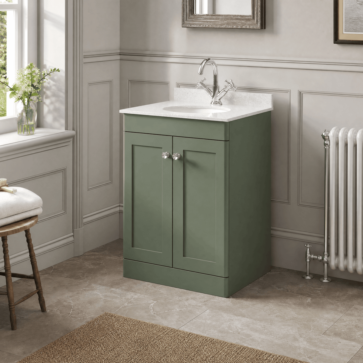[BFCL825WR1] Swynnerton Traditional 2 Door Floor Standing Vanity Basin Unit with 1 Tap Hole White Marble Worktop and Basin, Choice of Size and Colour