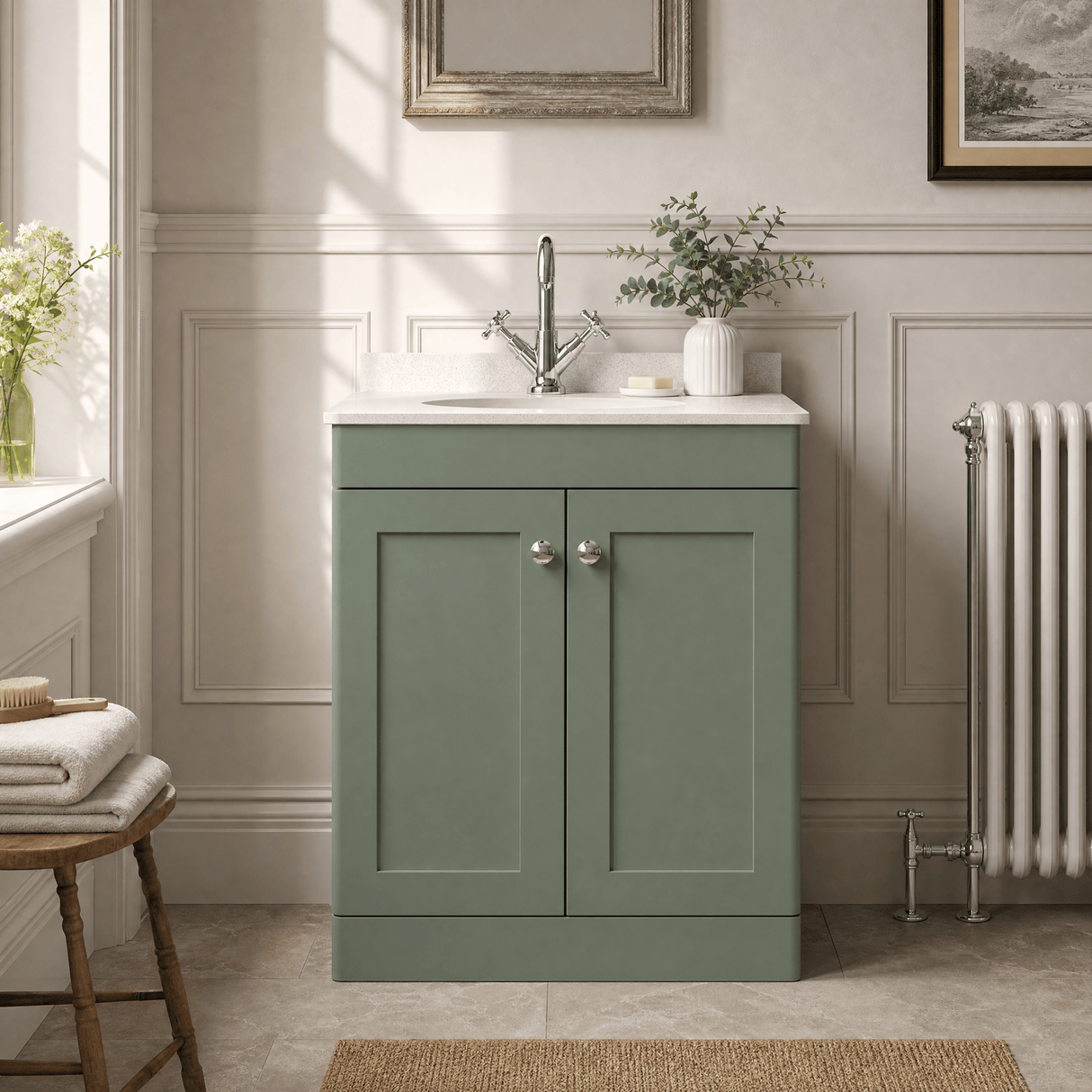 [BFCL825WR1] Swynnerton Traditional 2 Door Floor Standing Vanity Basin Unit with 1 Tap Hole White Marble Worktop and Basin, Choice of Size and Colour - Silo