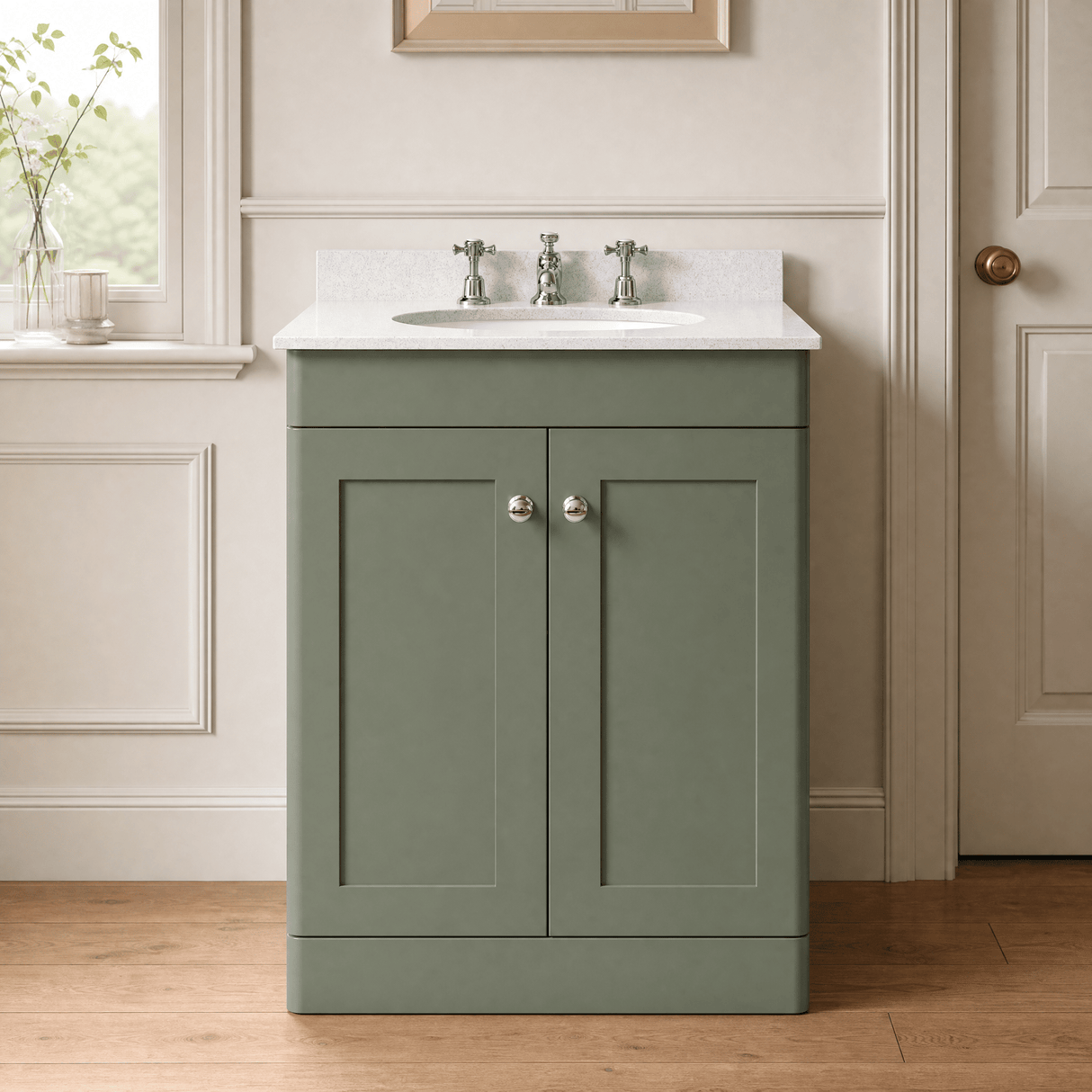 [BFCL825WR3] Swynnerton Traditional 2 Door Floor Standing Vanity Basin Unit with 3 Tap Hole White Marble Worktop and Basin, Choice of Size and Colour
