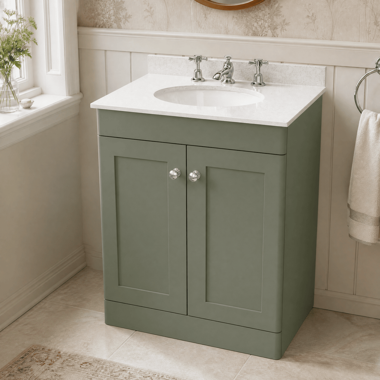 [BFCL825WR3] Swynnerton Traditional 2 Door Floor Standing Vanity Basin Unit with 3 Tap Hole White Marble Worktop and Basin, Choice of Size and Colour