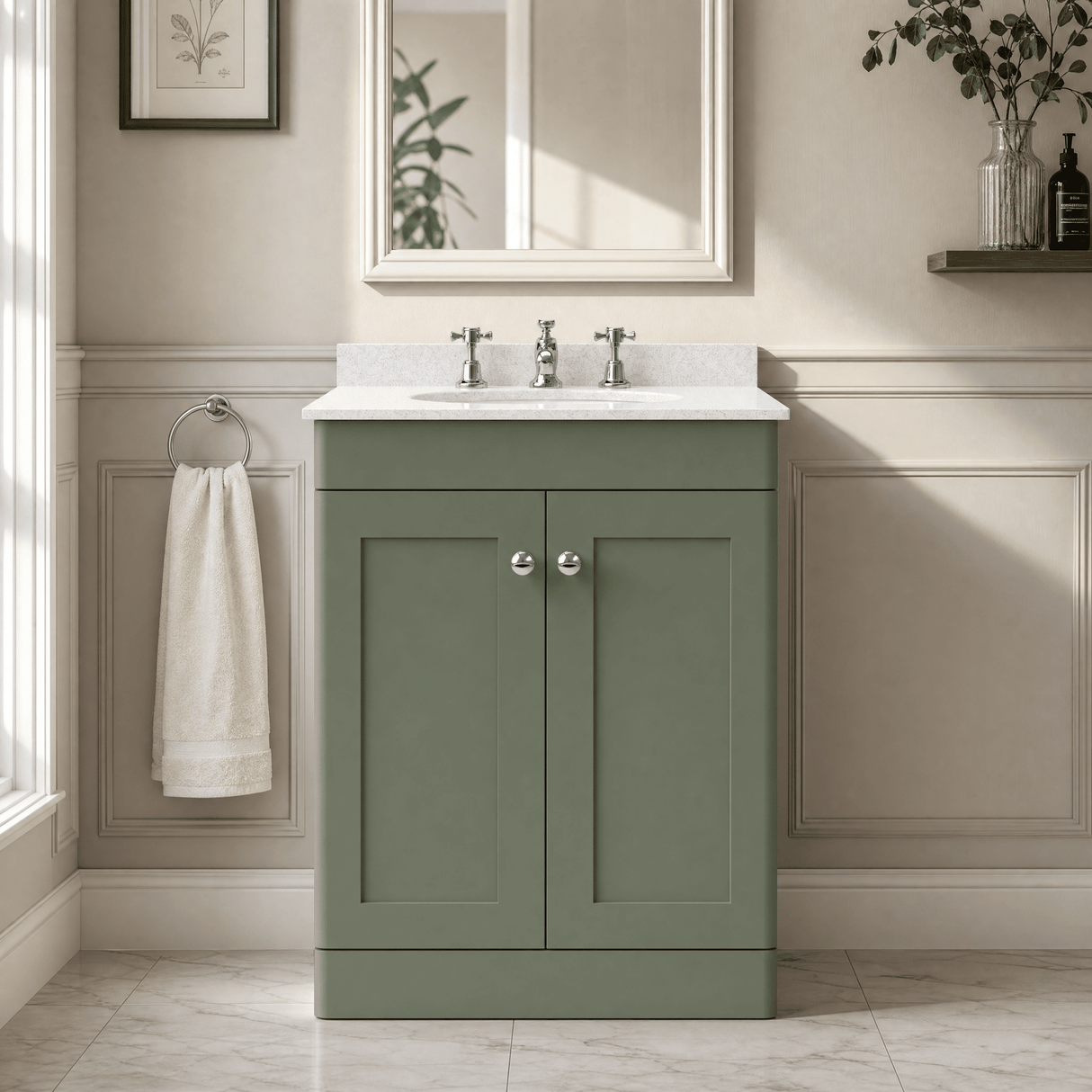 [BFCL825WR3] Swynnerton Traditional 2 Door Floor Standing Vanity Basin Unit with 3 Tap Hole White Marble Worktop and Basin, Choice of Size and Colour - Silo