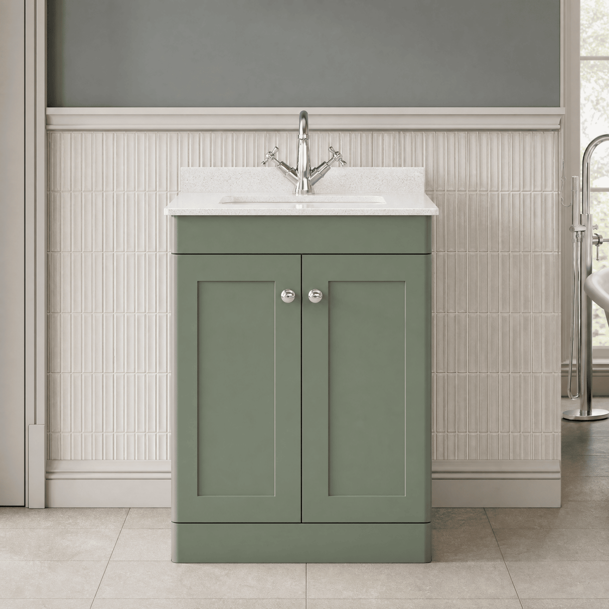 [BFCL825WS1] Swynnerton Traditional 2 Door Floor Standing Vanity Basin Unit with 1 Tap Hole White Marble Worktop and Square Basin, Choice of Size and Colour