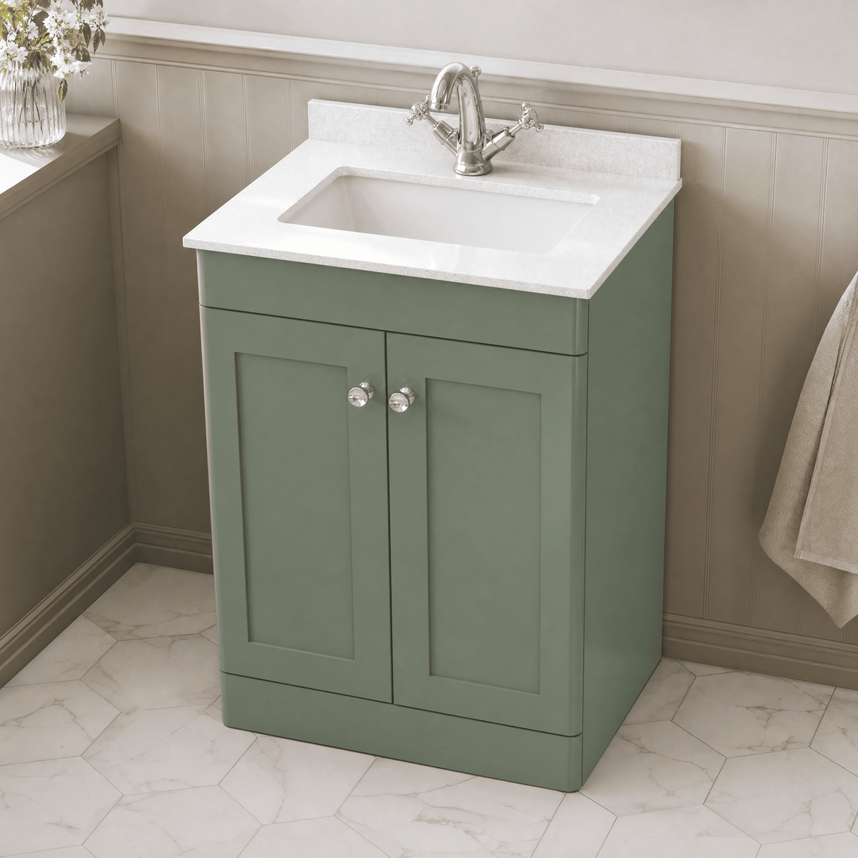 [BFCL825WS1] Swynnerton Traditional 2 Door Floor Standing Vanity Basin Unit with 1 Tap Hole White Marble Worktop and Square Basin, Choice of Size and Colour