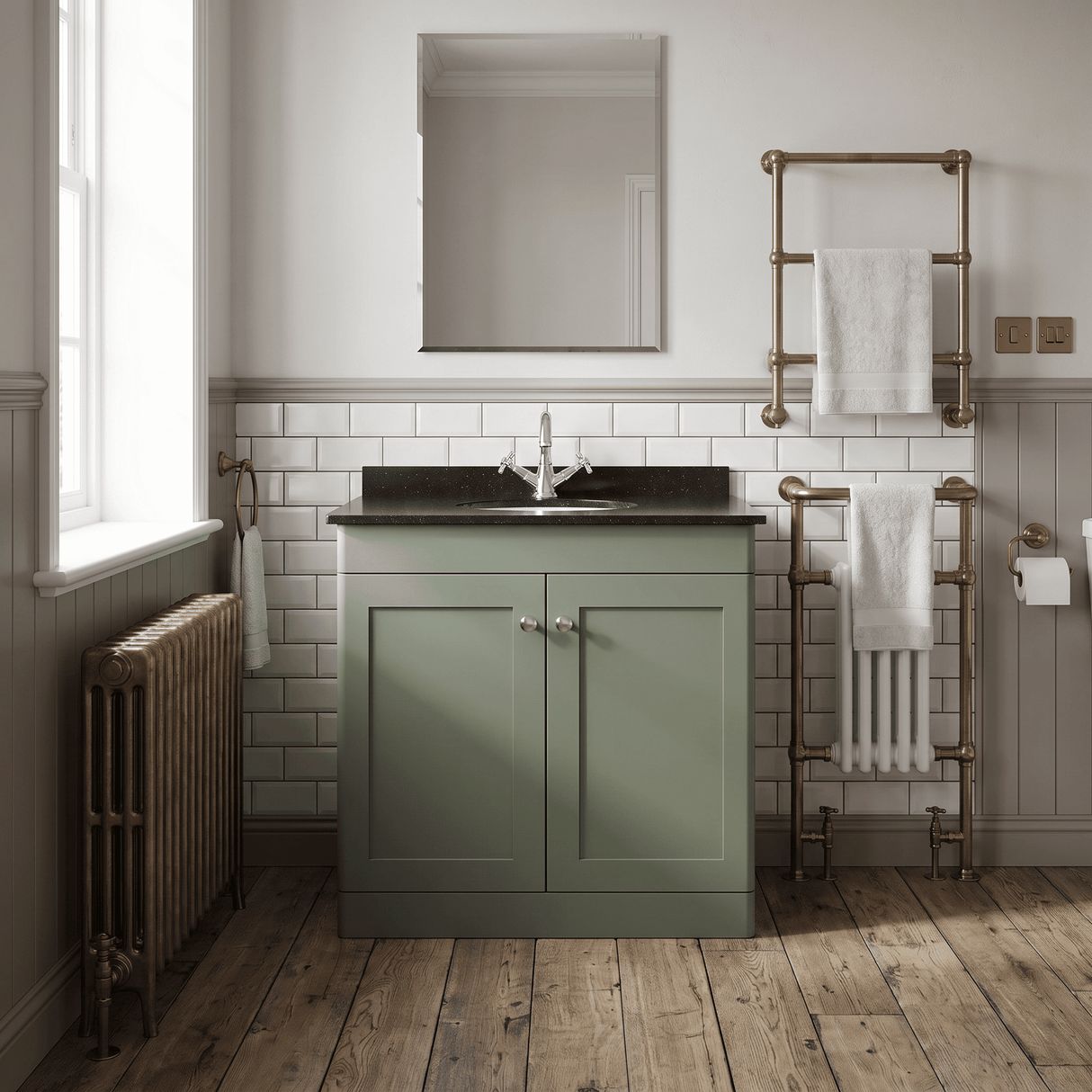 [BFCL826BR1] Swynnerton Traditional 2 Door Floor Standing Vanity Unit with Black Marble Worktop and 1 Tap Hole Basin, Choice of Size and Colour