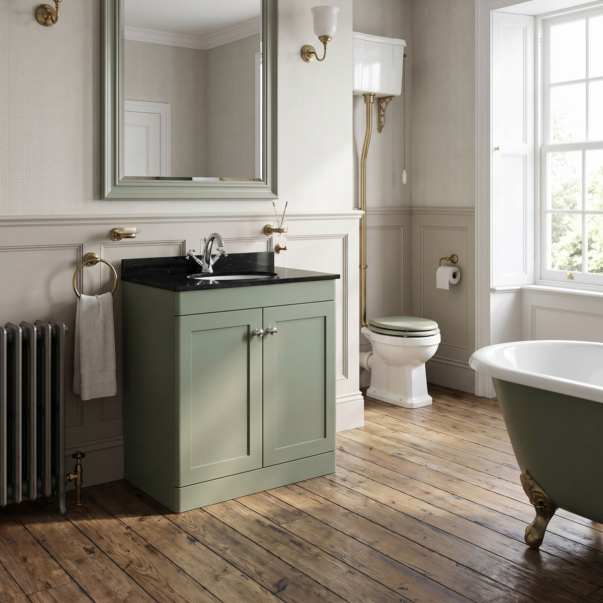 [BFCL826BR1] Swynnerton Traditional 2 Door Floor Standing Vanity Unit with Black Marble Worktop and 1 Tap Hole Basin, Choice of Size and Colour