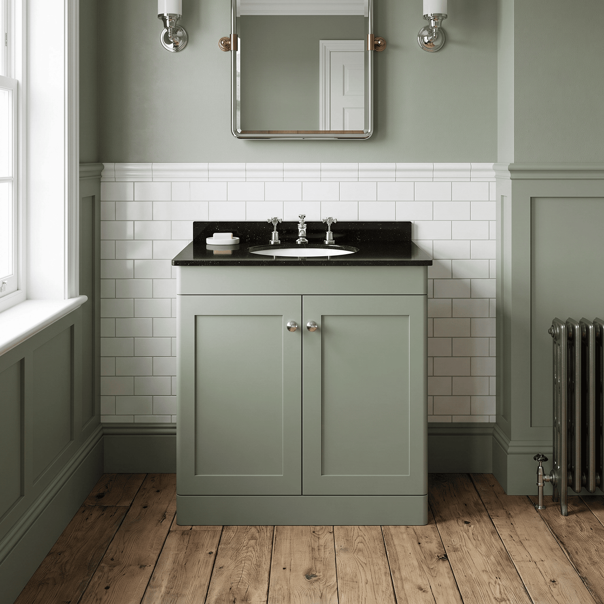 [BFCL826BR3] Swynnerton Traditional 2 Door Floor Standing Vanity Unit with Black Marble Worktop and 3 Tap Hole Basin, Choice of Size and Colour
