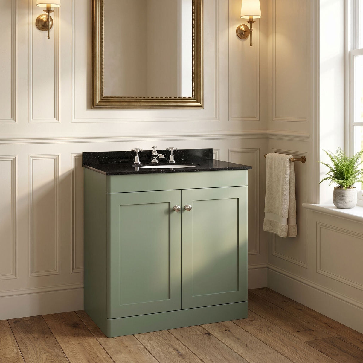 [BFCL826BR3] Swynnerton Traditional 2 Door Floor Standing Vanity Unit with Black Marble Worktop and 3 Tap Hole Basin, Choice of Size and Colour