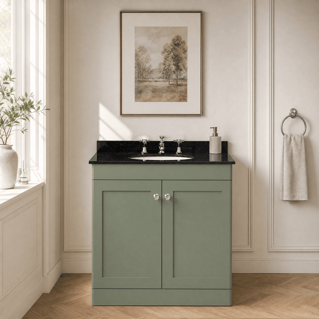 [BFCL826BR3] Swynnerton Traditional 2 Door Floor Standing Vanity Unit with Black Marble Worktop and 3 Tap Hole Basin, Choice of Size and Colour - Silo