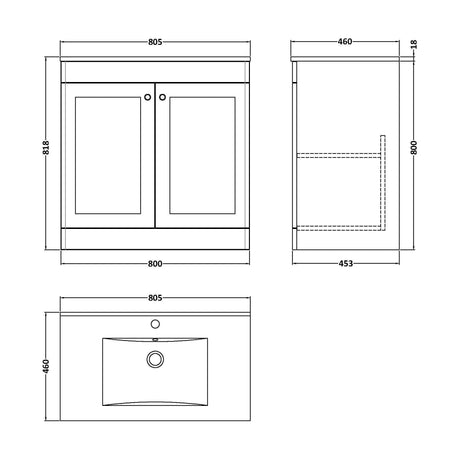 [BFCL826C] Swynnerton Traditional 2 Door Floor Standing Vanity Unit with Basin, Satin Green, 800mm - Technical Drawing