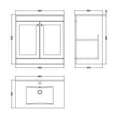 [BFCL826C] Swynnerton Traditional 2 Door Floor Standing Vanity Basin Unit with 1 Tap Hole Minimalist Ceramic Basin, Choice of Size and Colour - Technical Drawing