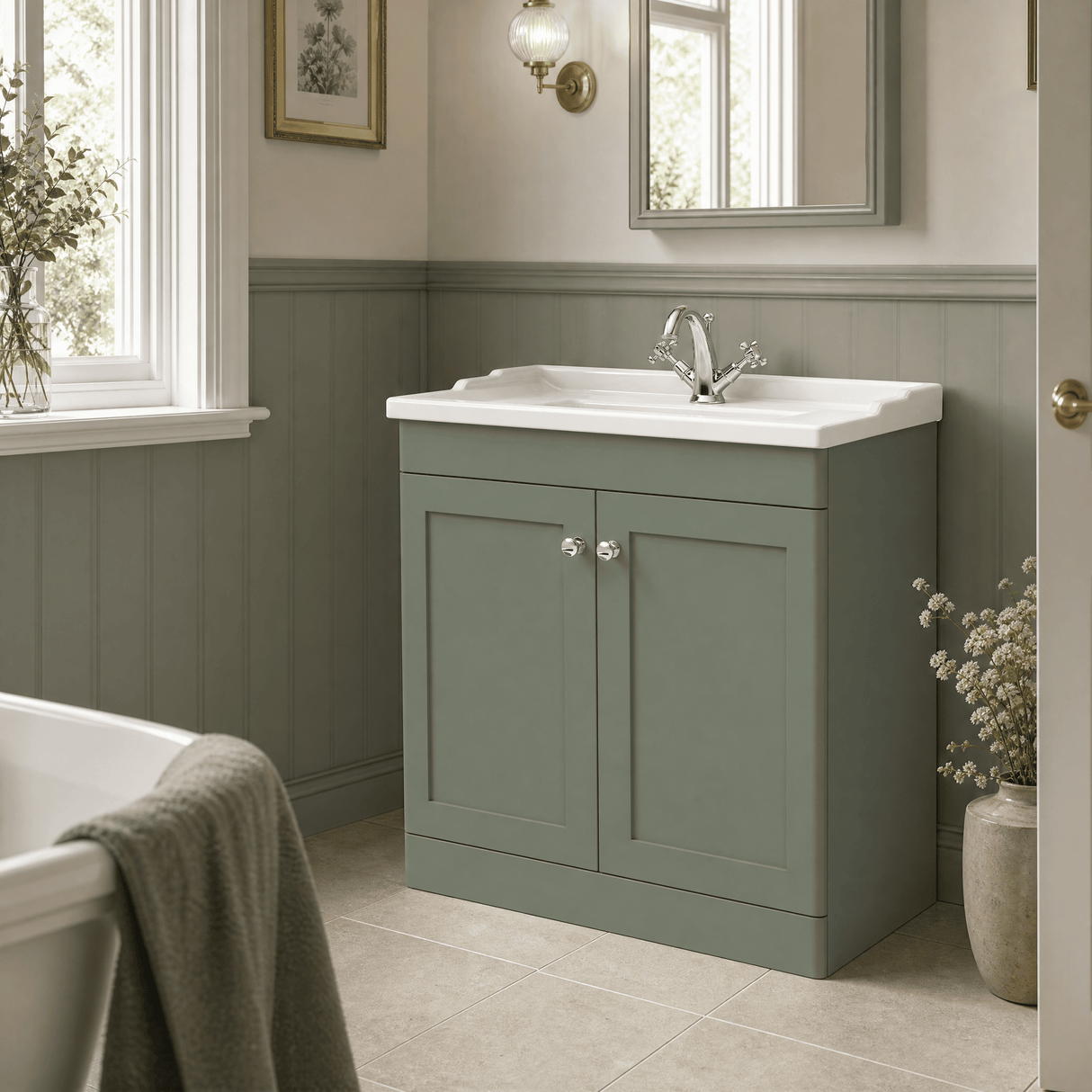 [BFCL826F] Swynnerton Traditional 2 Door Floor Standing Vanity Basin Unit with 1 Tap Hole Traditional Ceramic Basin, Choice of Size and Colour