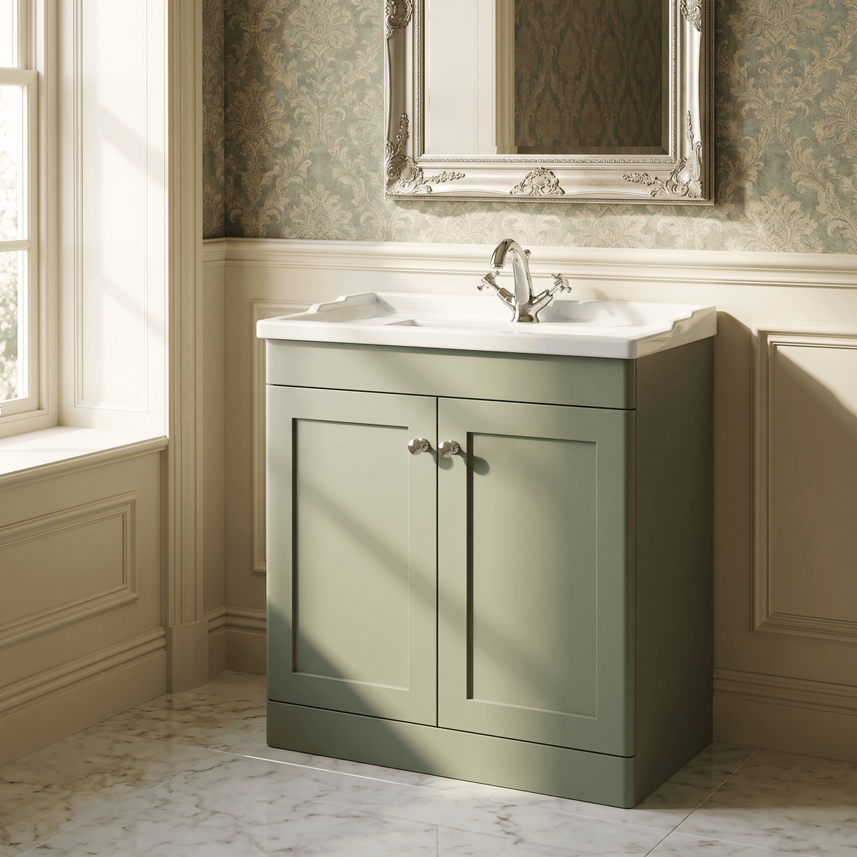 [BFCL826F] Swynnerton Traditional 2 Door Floor Standing Vanity Basin Unit with 1 Tap Hole Traditional Ceramic Basin, Choice of Size and Colour - Silo