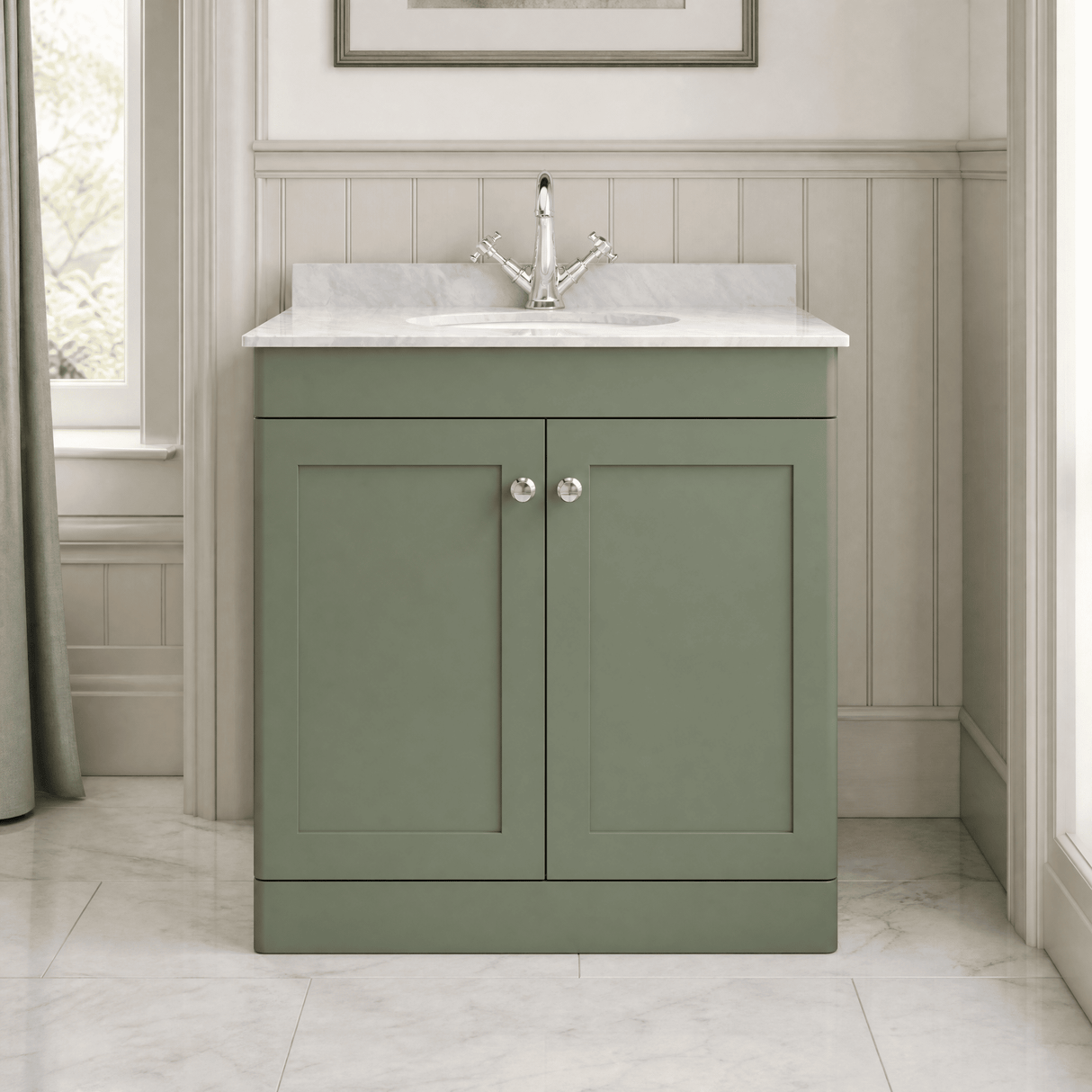 [BFCL826GR1] Swynnerton Traditional 2 Door Floor Standing Vanity Unit with Grey Marble Worktop and 1 Tap Hole Basin, Choice of Size and Colour
