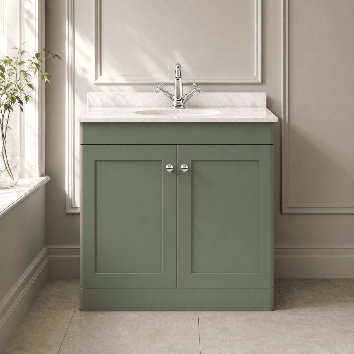 [BFCL826GR1] Swynnerton Traditional 2 Door Floor Standing Vanity Unit with Grey Marble Worktop and 1 Tap Hole Basin, Choice of Size and Colour - Silo