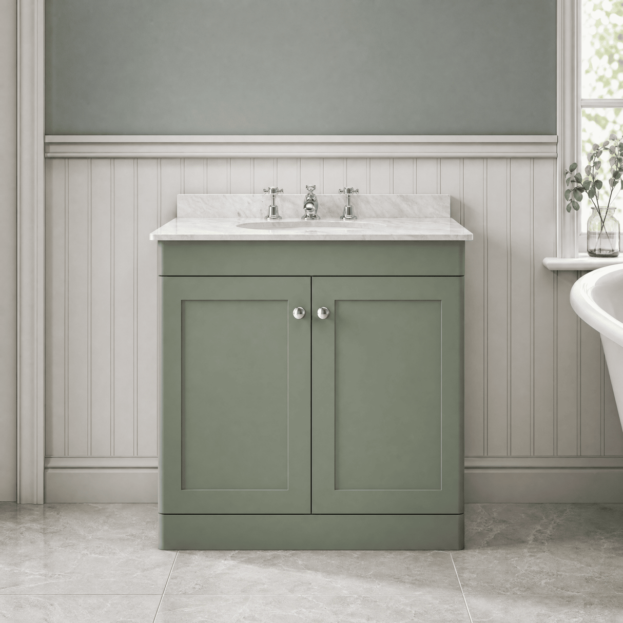 [BFCL826GR3] Swynnerton Traditional 2 Door Floor Standing Vanity Basin Unit with 3 Tap Hole Grey Marble Top Basin, Choice of Size and Colour