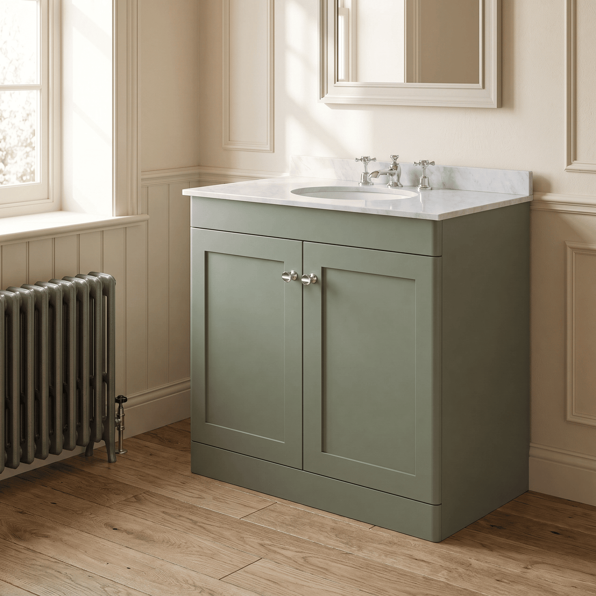 [BFCL826GR3] Swynnerton Traditional 2 Door Floor Standing Vanity Basin Unit with 3 Tap Hole Grey Marble Top Basin, Choice of Size and Colour
