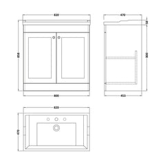 [BFCL826G] Swynnerton Traditional 2 Door Floor Standing Vanity Basin Unit with 3 Tap Hole Traditional Ceramic Basin, Choice of Size and Colour - Technical Drawing