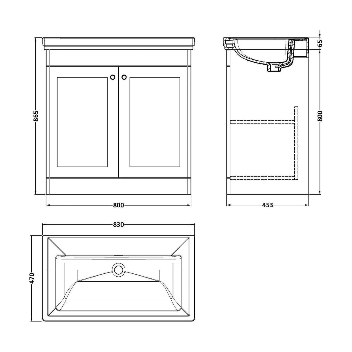 [BFCL826H] Swynnerton Traditional 2 Door Floor Standing Vanity Unit with 0 Tap Hole Traditional Fireclay Basin, Choice of Size and Colour - Technical Drawing