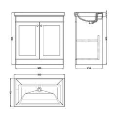 [BFCL826H] Swynnerton Traditional 2 Door Floor Standing Vanity Unit with 0 Tap Hole Traditional Fireclay Basin, Choice of Size and Colour - Technical Drawing