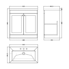 [BFCL826M] Swynnerton Traditional 2 Door Floor Standing Vanity Basin Unit with 3 Tap Hole Modern Fireclay Basin, Choice of Size and Colour - Technical Drawing