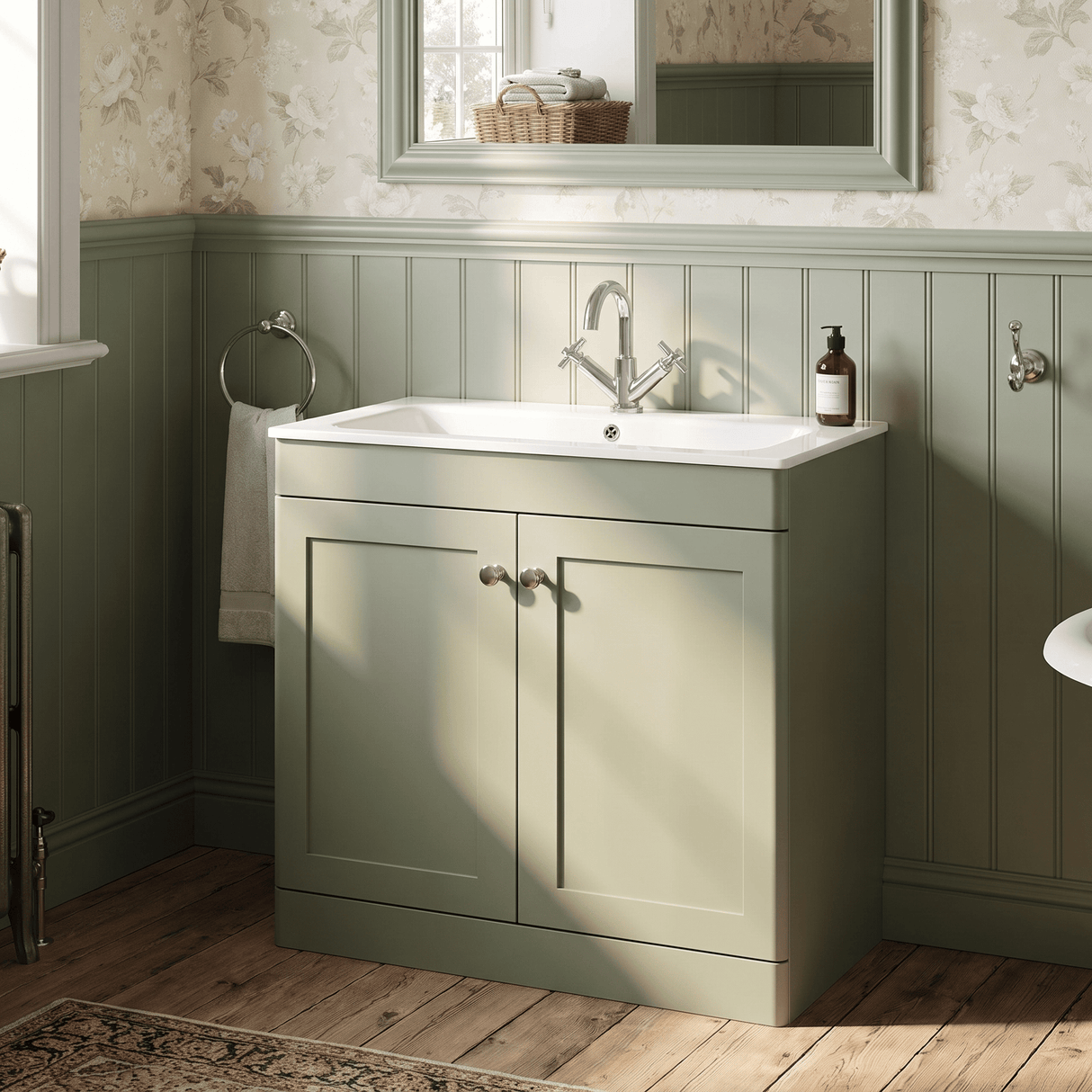 [BFCL826P] Swynnerton Traditional 2 Door Floor Standing Vanity Basin Unit with 1 Tap Hole Stone Basin, Choice of Size and Colour