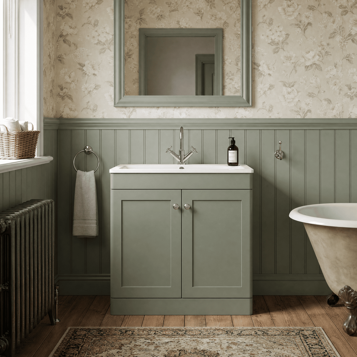 [BFCL826P] Swynnerton Traditional 2 Door Floor Standing Vanity Basin Unit with 1 Tap Hole Stone Basin, Choice of Size and Colour - Silo