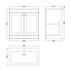 [BFCL826Q] Swynnerton Traditional 2 Door Floor Standing Vanity Basin Unit with 1 Tap Hole Marble Effect Stone Basin, Choice of Size and Colour - Technical Drawing