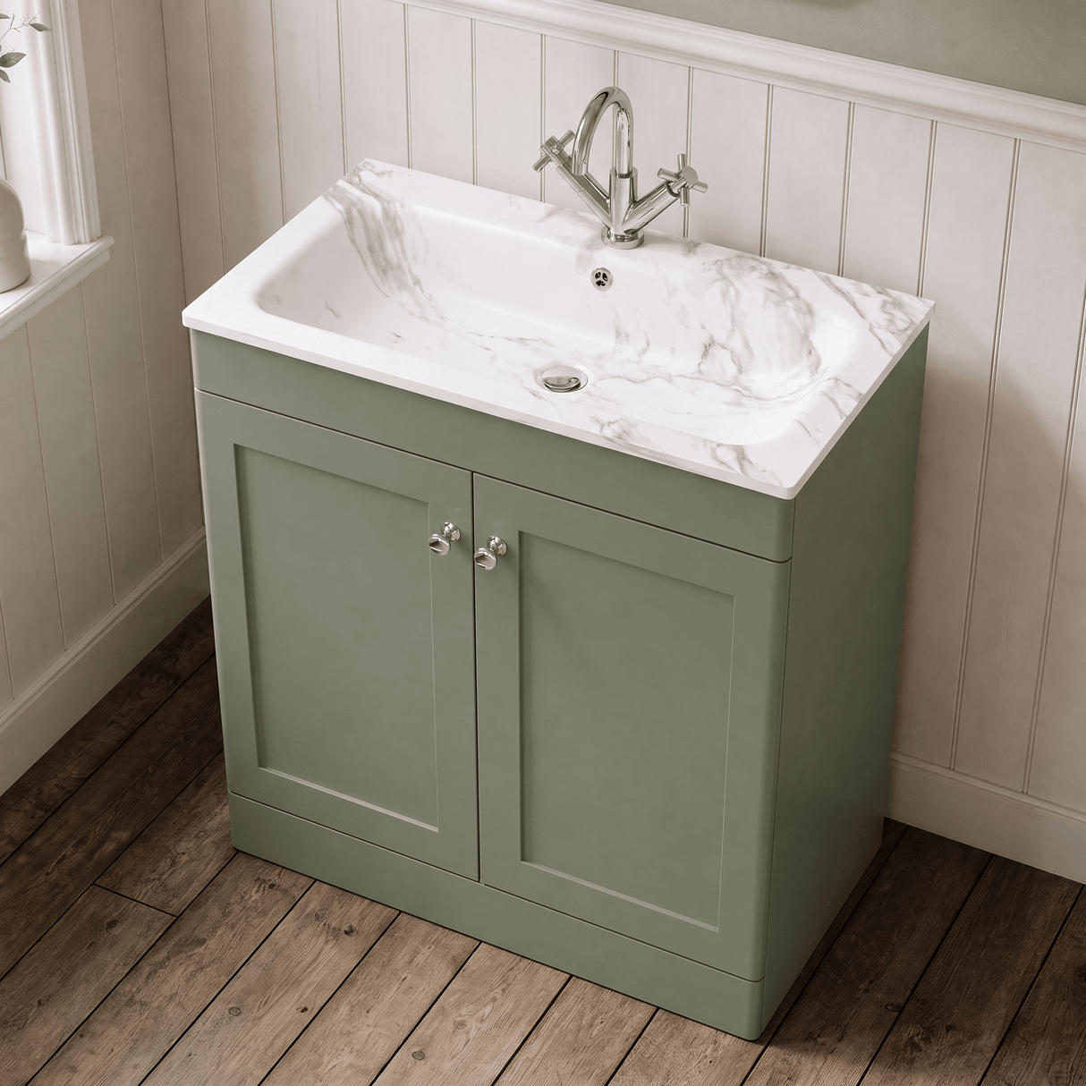 [BFCL826Q] Swynnerton Traditional 2 Door Floor Standing Vanity Basin Unit with 1 Tap Hole Marble Effect Stone Basin, Choice of Size and Colour